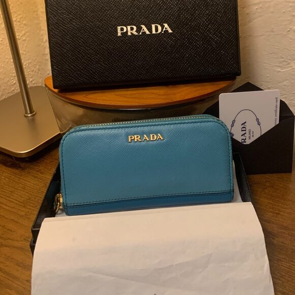 Prada Saffiano Zip  6 Key Pouch 1M0604 Blue Leather Women's Men's - Picture 1 of 14